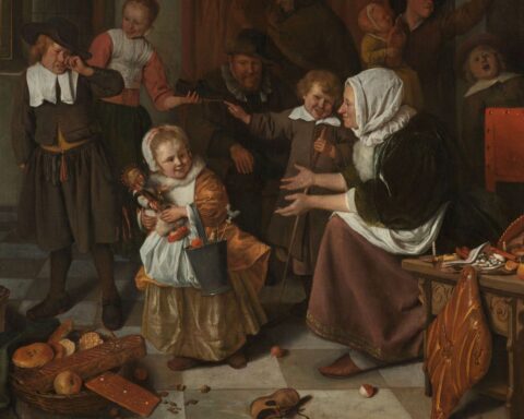 ‘Eerlijk zullen we alles delen, ik een beetje meer dan jij’ kan allicht leiden tot tranen. ‘Het Sint Nicolaasfeest’ schilderde Jan Havicksz. Steen tussen 1665 en 1668.