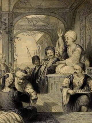 Verhalenverteller (meddah) in een koffiehuis in het Ottomaanse Rijk.