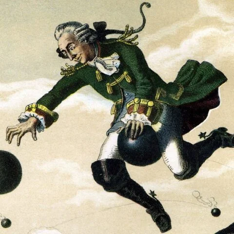 De Baron von Münchhausen vliegt op een kanonskogel door de lucht