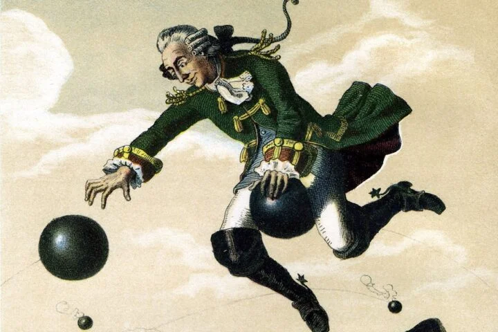 De Baron von Münchhausen vliegt op een kanonskogel door de lucht