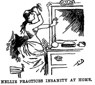 'Nellie oefent krankzinnig gedrag'. Afbeelding in haar boek 'Ten Days in a Mad-House‎'