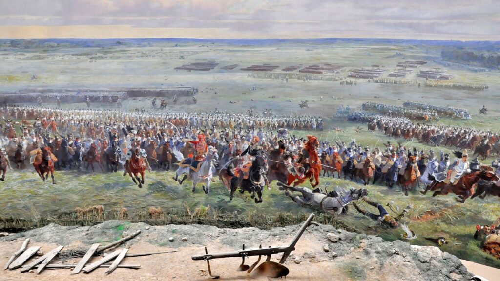 Deel van het panorama over de Slag bij Waterloo. Te zien is de charge van de Franse cavalerie onder leiding van maarschalk Michel Ney.