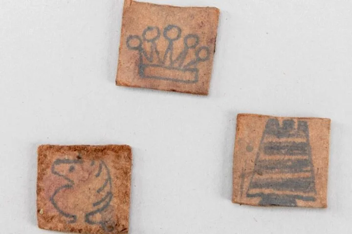 Enkele van de kartonnen schaakstukken die in Auschwitz zijn gevonden