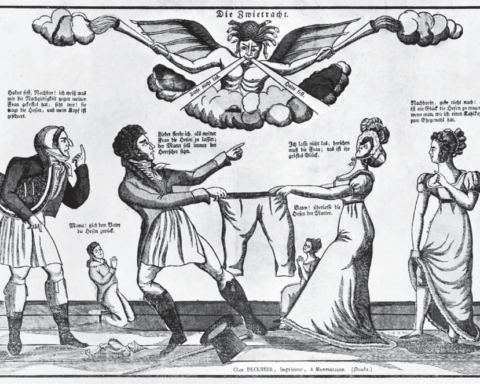 De strijd om de broek, door Montbéliard (ca. 1800), uit: Emancipatie, Emancipation, Emanzipation (1980)