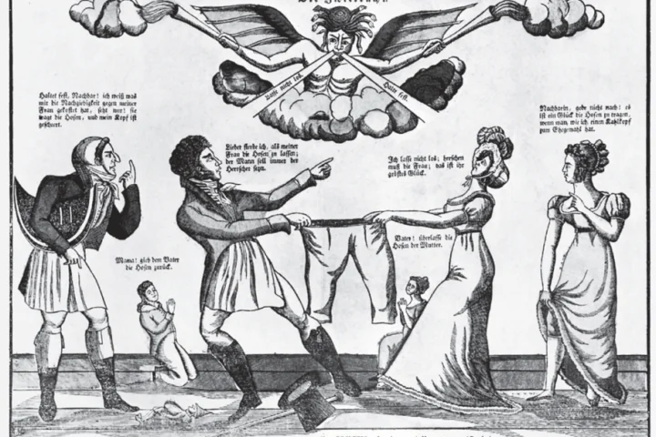 De strijd om de broek, door Montbéliard (ca. 1800), uit: Emancipatie, Emancipation, Emanzipation (1980)
