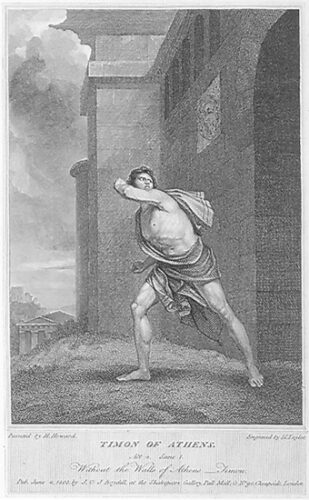 Timon keert zich af van de maatschappij. Gravure voor het toneelstuk van Shakespeare, 1803