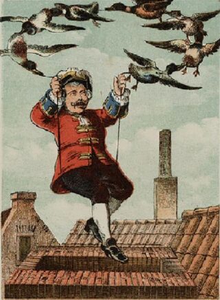 De baron vliegt met de eenden door de lucht