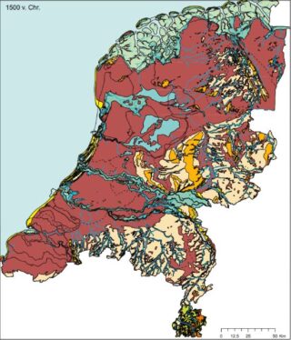 Zo zou Nederland er hebben uitgezien omstreeks 1500 voor Christus. De uitgestrekte bruine gebieden zijn veenmoerassen, de lichtere tinten geven de zandgebieden en stuwwallen aan. Duidelijk zijn de ‘lange lijnen’ van de Hondsrug te zien en de wat grotere zandgebieden op de Veluwe.