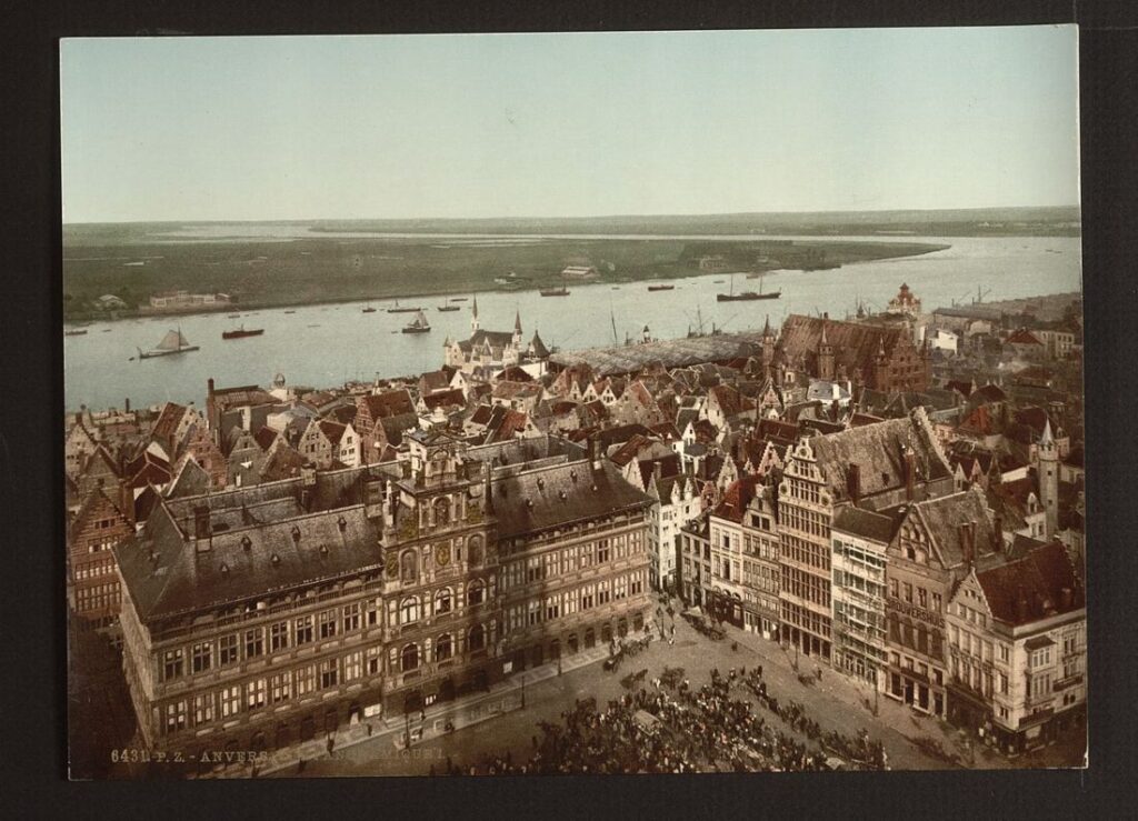 Antwerpen en de Schelde. Zicht vanaf de kathedraal, ca. 1890