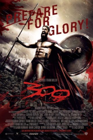 Poster van de film '300' met daarop Leonidas, de koning der Spartanen, gespeeld door Gerard Butler