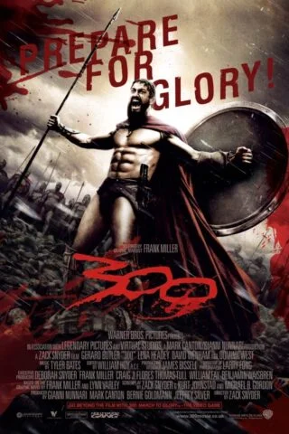 Poster van de film '300' met daarop Leonidas, de koning der Spartanen, gespeeld door Gerard Butler