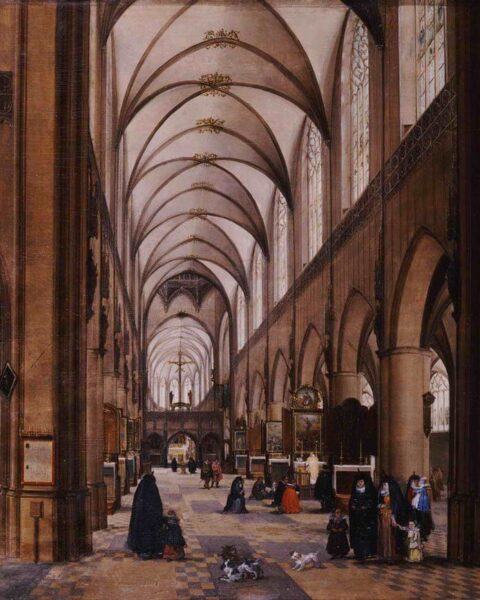 Interieur van de Onze Lieve Vrouwkathedraal op een schilderij van Hendrik van Steenwijk I uit 1593