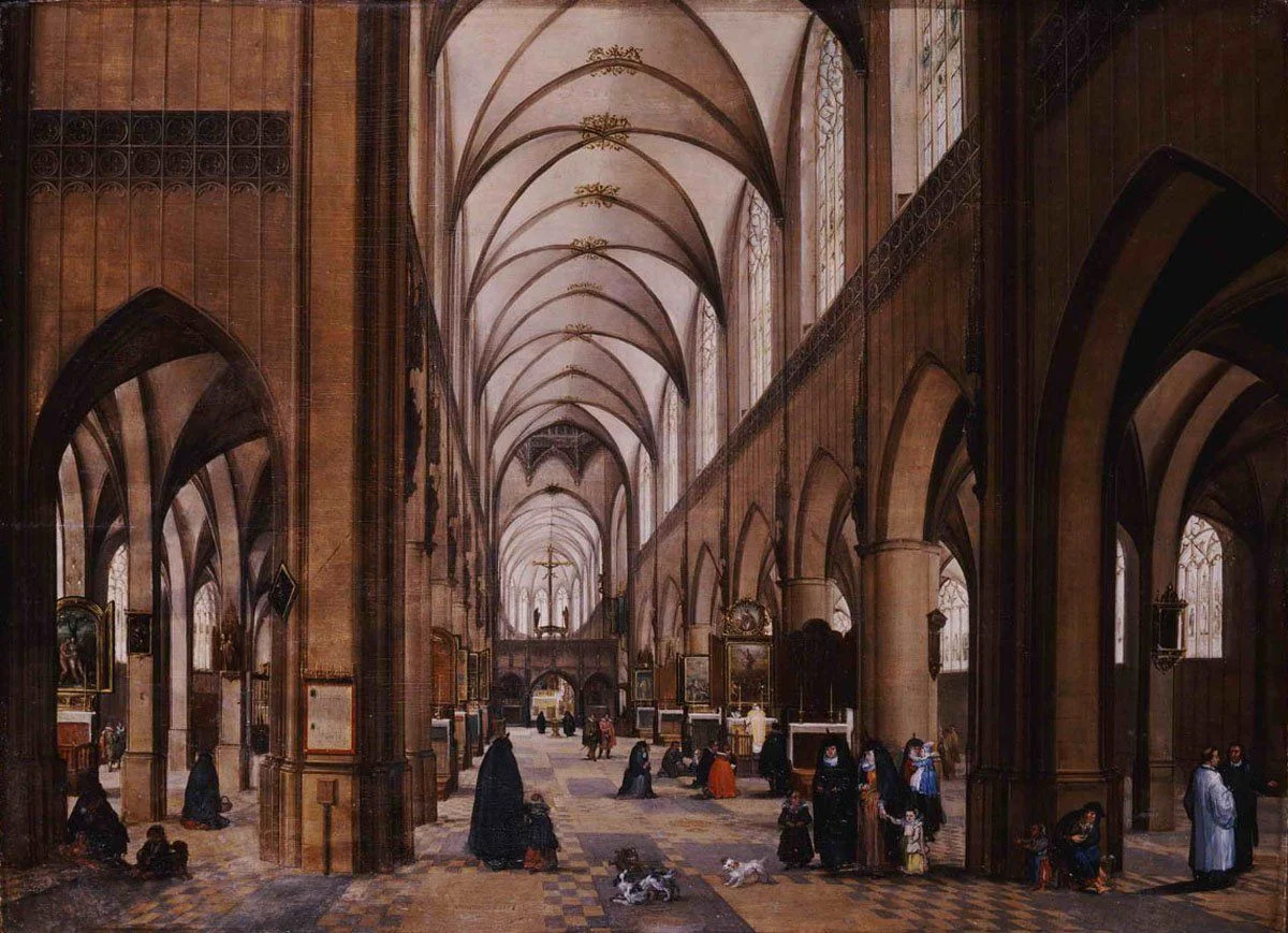 Interieur van de Onze Lieve Vrouwkathedraal op een schilderij van Hendrik van Steenwijk I uit 1593