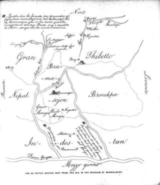 Kaart van Samuel van de Putte, tekst is in het Italiaans, Bramascjon is Sikkim en Broukpa is Bhutan
