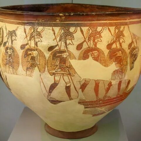 De Mykeense “warrior vase” uit de twaalfde eeuw; deze mensen zwierven als piraten uit (“Zeevolken”)
