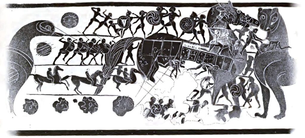Paard van Troje verbeeld op een Korinthische aryballos (kruik) uit circa 560 v.Chr.