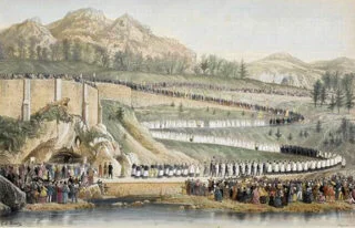 Processie in Lourdes ter gelegenheid van de onthulling van het Mariabeeld bij de grot, 1864