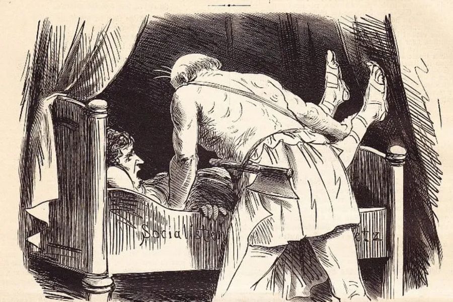 Prokrustes bindt een van zijn gasten vast in bed