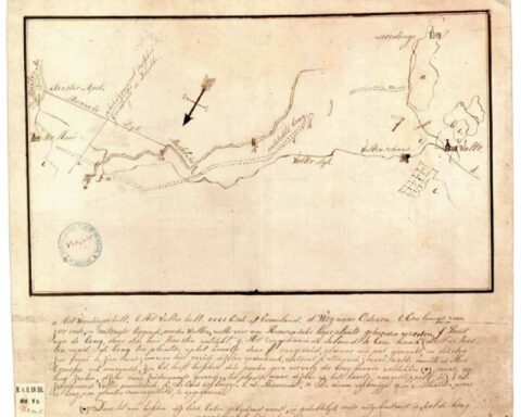 Kaart van de ‘Valtherbrug’, een weg van boomstammen door het veen vanaf de Hondsrug naar Westerwolde, in 1818 ontdekt door de ingenieur J.W. Karsten, circa 1818. De kaart is waarschijnlijk gemaakt door een assistent van Karsten.