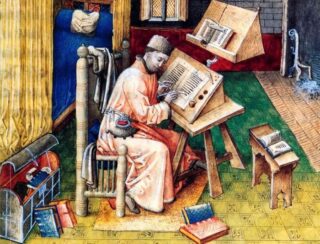 Een kopiist aan het werk (het plaatje is overigens uit de Late Middeleeuwen)