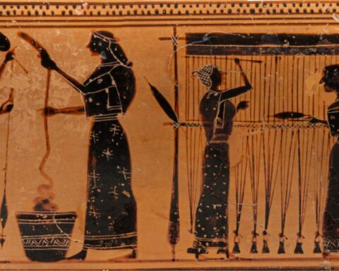 Detail van een Griekse zwartfigurige vaas, met daarop twee vrouwen aan het weefgetouw en twee die wol spinnen