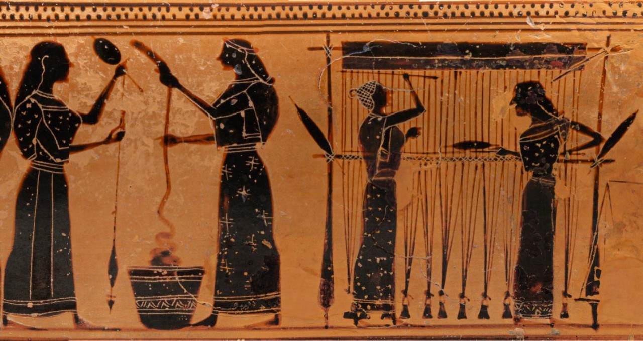 Detail van een Griekse zwartfigurige vaas, met daarop twee vrouwen aan het weefgetouw en twee die wol spinnen
