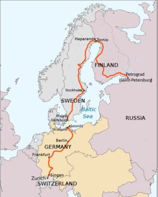 De route die Lenin per trein aflegde van Zürich naar Petersburg.