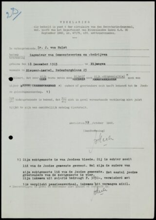 De (verplichte) Ariërverklaring van  gemeenteambtenaar Jan van Hulst, oktober 1940