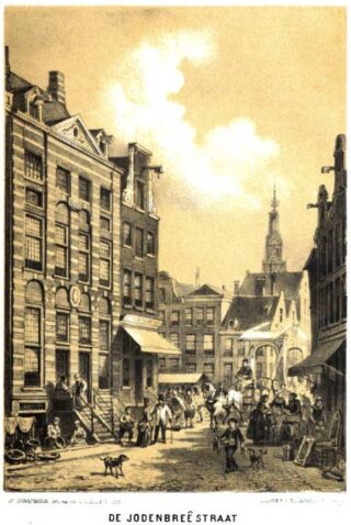 ‘De Jodenbreêstraat’ in Amsterdam. Illustratie uit Amsterdam in plaatjes en praatjes (1875).