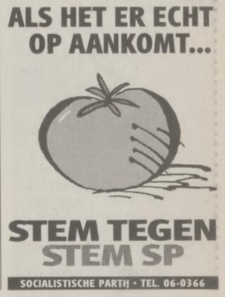 Advertentie in het Algemeen Dagblad van 13 januari 1994 met de bekende leus 'Stem tegen, Stem SP'