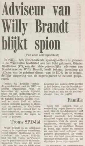 Bericht in 'Het vrĳe volk' over de ontmaskering van Günter Guillaume, 26 april 1974
