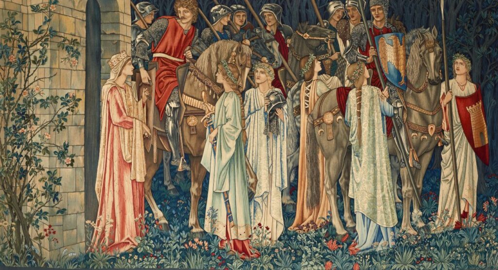 Een van de Heilige Graal-tapijten van Edward Burne-Jones - 'De bewapening en het vertrek van de ridders'