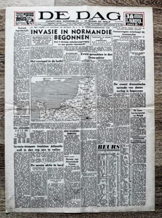 Krantenbericht over D-Day  - Voorpagina van 'De Dag' van  7 juni 1944