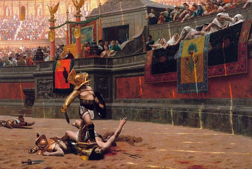 'Pollice Verso' - Jean-Léon Gérôme, 1872. Een murmillo heeft een retiarius verslagen in het Colosseum.