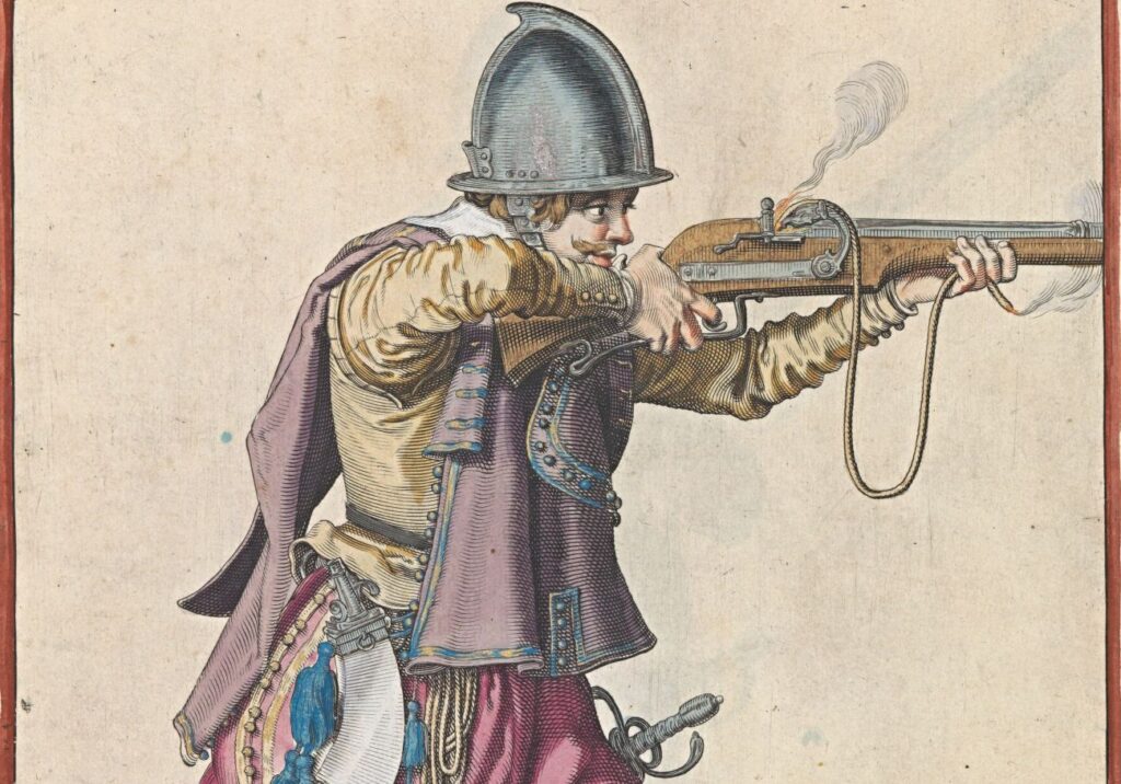 Een soldaat richt en vuurt de roer - Jacques de Gheyn, ca. 1597-1607