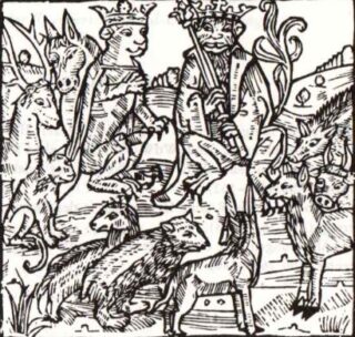 De leeuw met echtgenote en de hofhouding  (houtsnede uit laatmiddeleeuws ‘volksboek’)