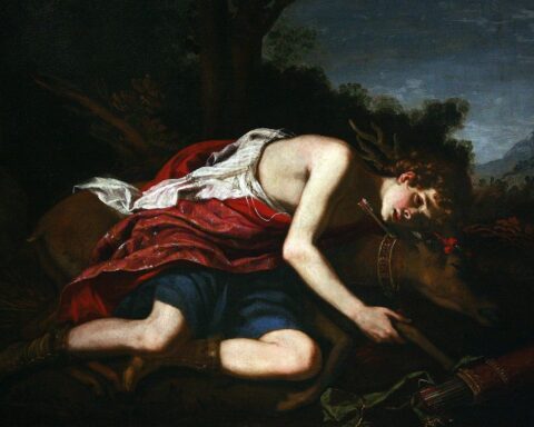 Cyparissus rouwt om het stervende reuzenhert. Schilderij van Jacopo Vignali