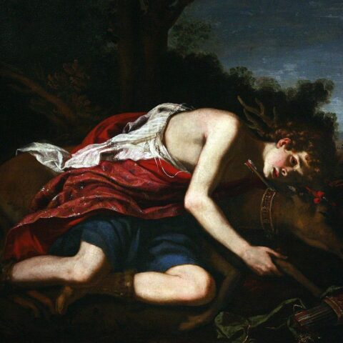 Cyparissus rouwt om het stervende reuzenhert. Schilderij van Jacopo Vignali