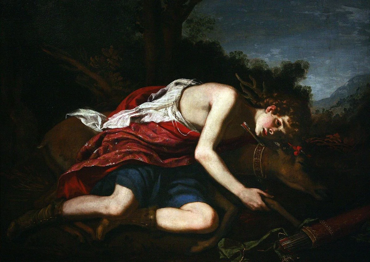 Cyparissus rouwt om het stervende reuzenhert. Schilderij van Jacopo Vignali