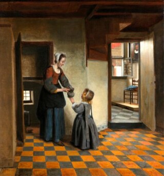Achter de moeder ligt een wijnvat in de kelder, Pieter de Hooch, ca. 1650