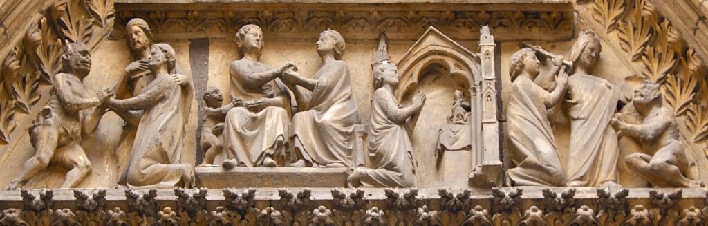 Het verhaal van Theophilus van Adana verbeeld op het noordelijk timpaan van de Notre Dame in Parijs.