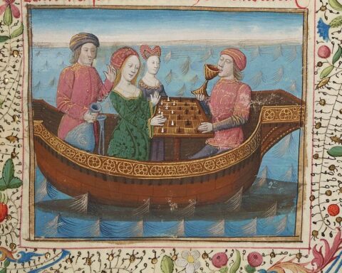 Tristan en Isolde drinken de liefdesdrank, miniatuur 1470