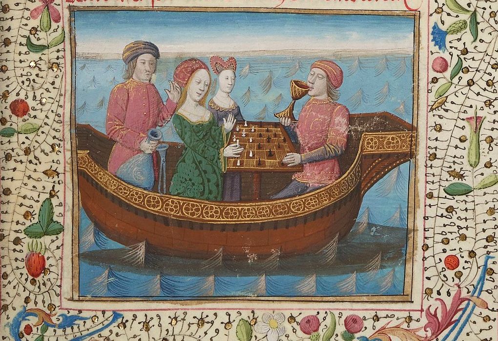 Tristan en Isolde drinken de liefdesdrank, miniatuur 1470