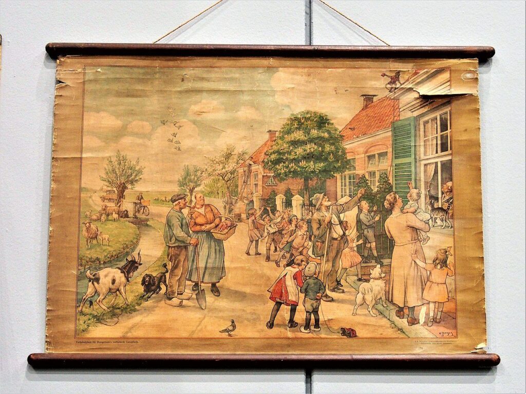 Schoolplaat van Cornelis Jetses met alle figuren van het leesplankje van Hoogeveen. 