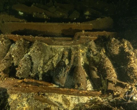 Enkele van de flessen champagne in het scheepswrak.