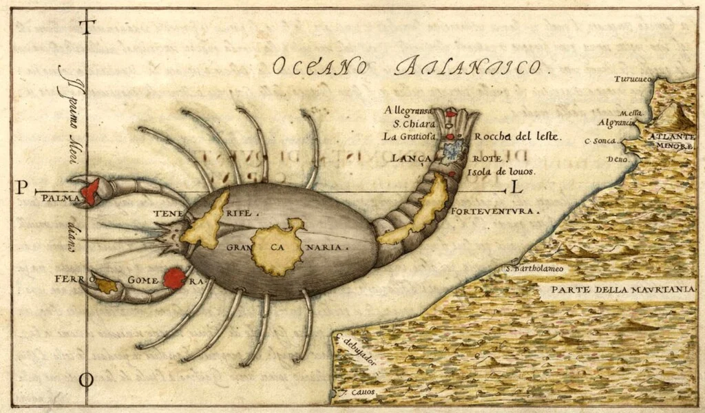 Kaart van de Canarische eilanden in de vorm van een kreeft (Leonardo Torriani, 1590). Centraal ligt Gran Canaria, met La Isleta rechtsboven.