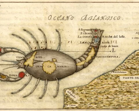 Kaart van de Canarische eilanden in de vorm van een kreeft (Leonardo Torriani, 1590). Centraal ligt Gran Canaria, met La Isleta rechtsboven.