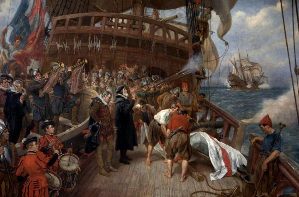 Het zeemansgraf van Francis Drake, januari 1596. Schilderij van Thomas Davidson, 1914.