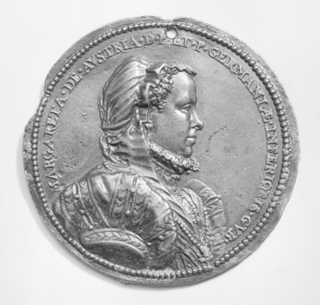 Beeltenis van Margareta van Parma op een bronzen medaille uit 1567, vervaardigd door 
Jacob Jonghelinck