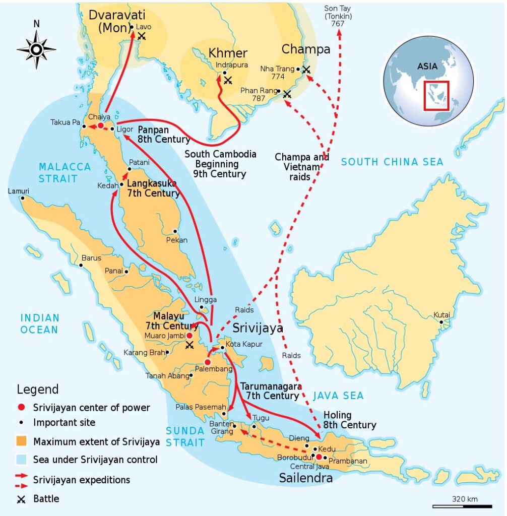 Het gebied van Sriwijaya dat vanuit Palembang werd beheerst.